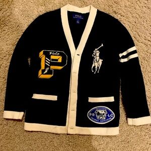 Polo Ralph Lauren Boy’s Cotton Letterman Varsity Navy V-Neck Cardigan Size 6